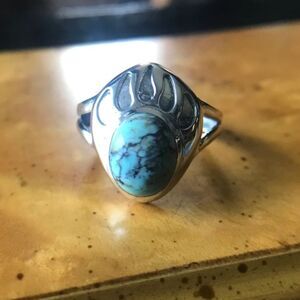 Natural Blue Moon Turquoise Sterling Silver Bear Paw Ring Size 7